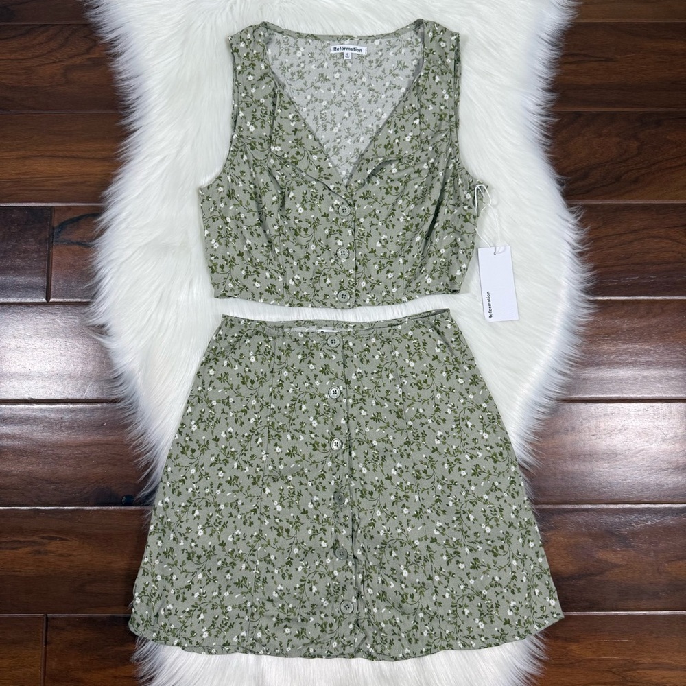 Reformation‎ Green Floral Ember Two Piece Skirt & Top Set Women's Size 0